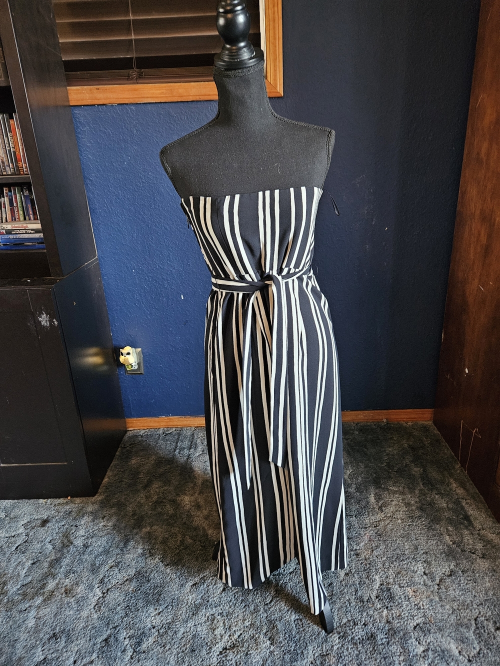 H&M Black and White Stripe Strapless Jumpsuit with Waist Tie size 8